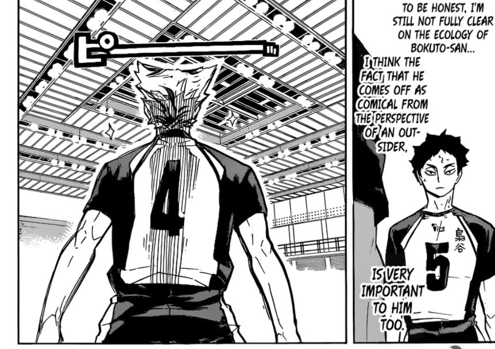mangacap with narration: To be honest, I'm still not fully clear on the ecology of Bokuto-san... I think the fact that he comes off as comical from the perspective of an outsider, is very important to him too.'