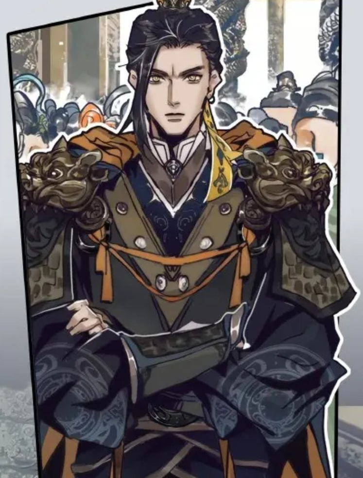 A frowning guy with complicated armour which has some orange trim