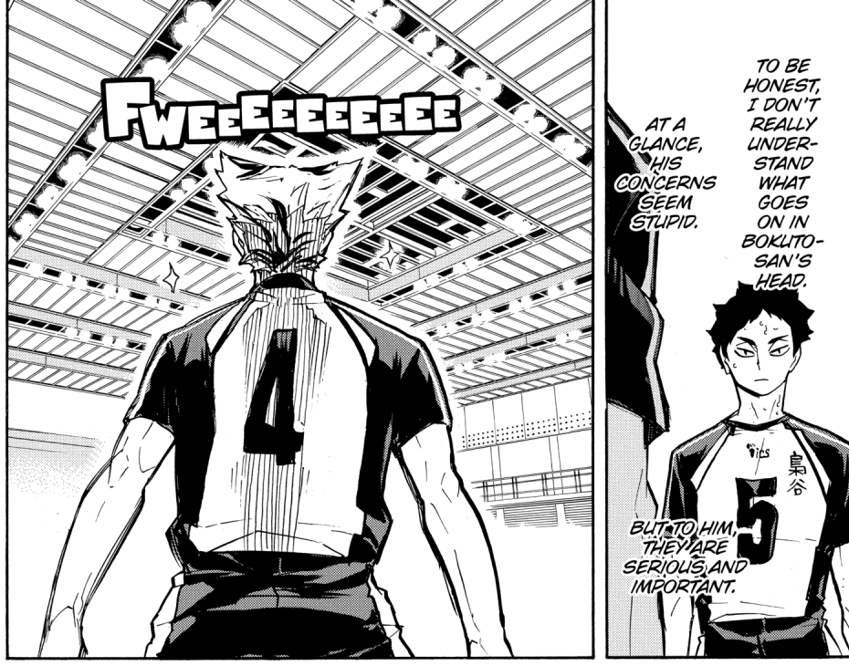 mangacap with narration: To be honest, I don't really understand what goes on in Bokuto-san's head. At a glance, his concerns seem stupid. But to him, they are serious and important.