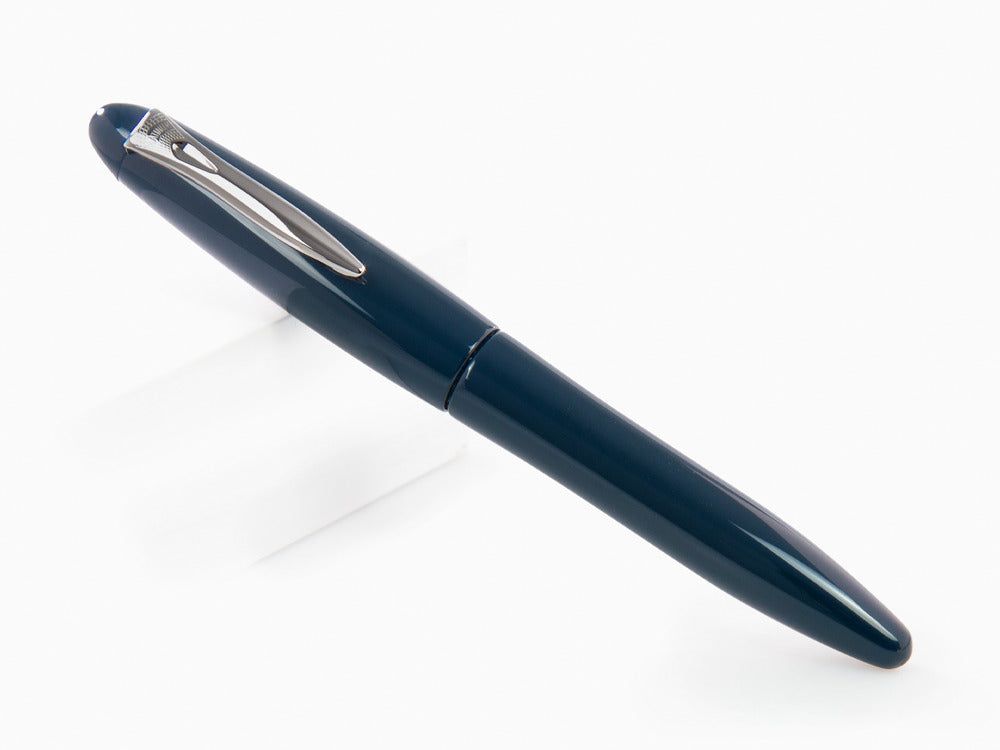 an opaque, dark blue, curvy pen with silver trim