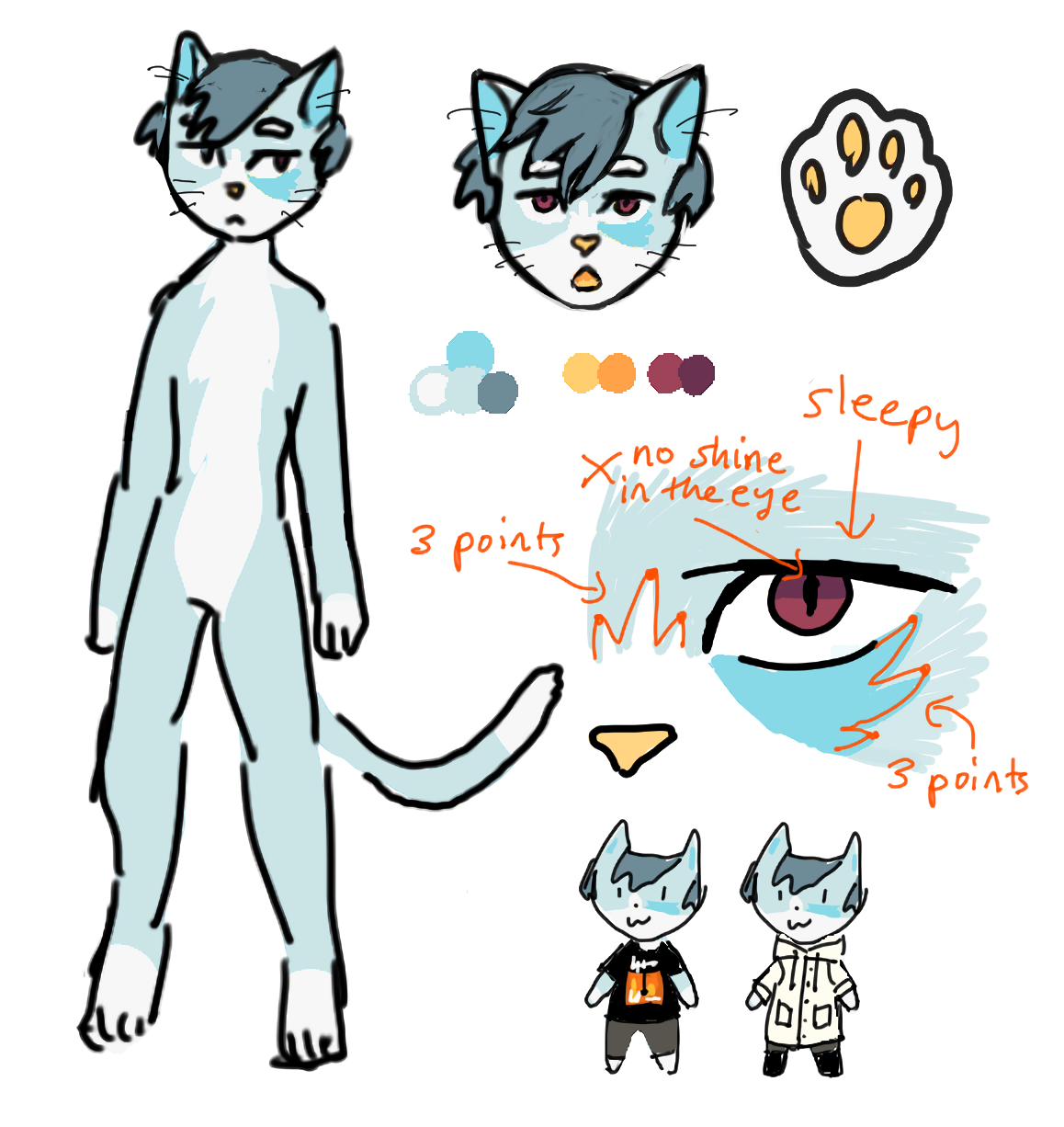 furry reference sheet of a sleepy anthro cat which is various shades of blue and grey, except for a yellow nose and tongue, with short hair