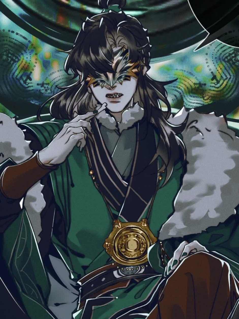 a guy in a green fur coat with messy hair and a mask