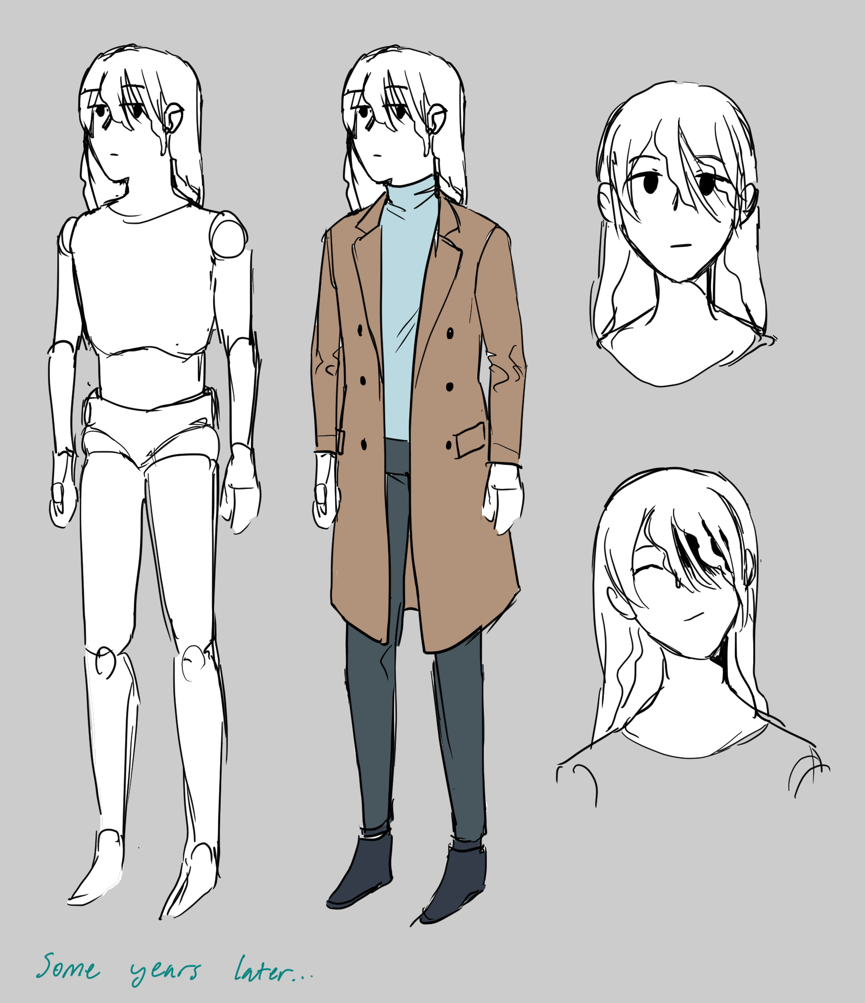 reference sheet for a similar but taller and long haired robot, including a headshot smiling with one eye obscured by hair