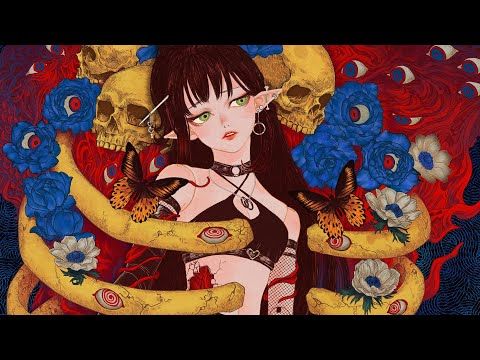 youtube thumbnail - goth anime girl surrounded by a skeleton and brightly coloured flowers
