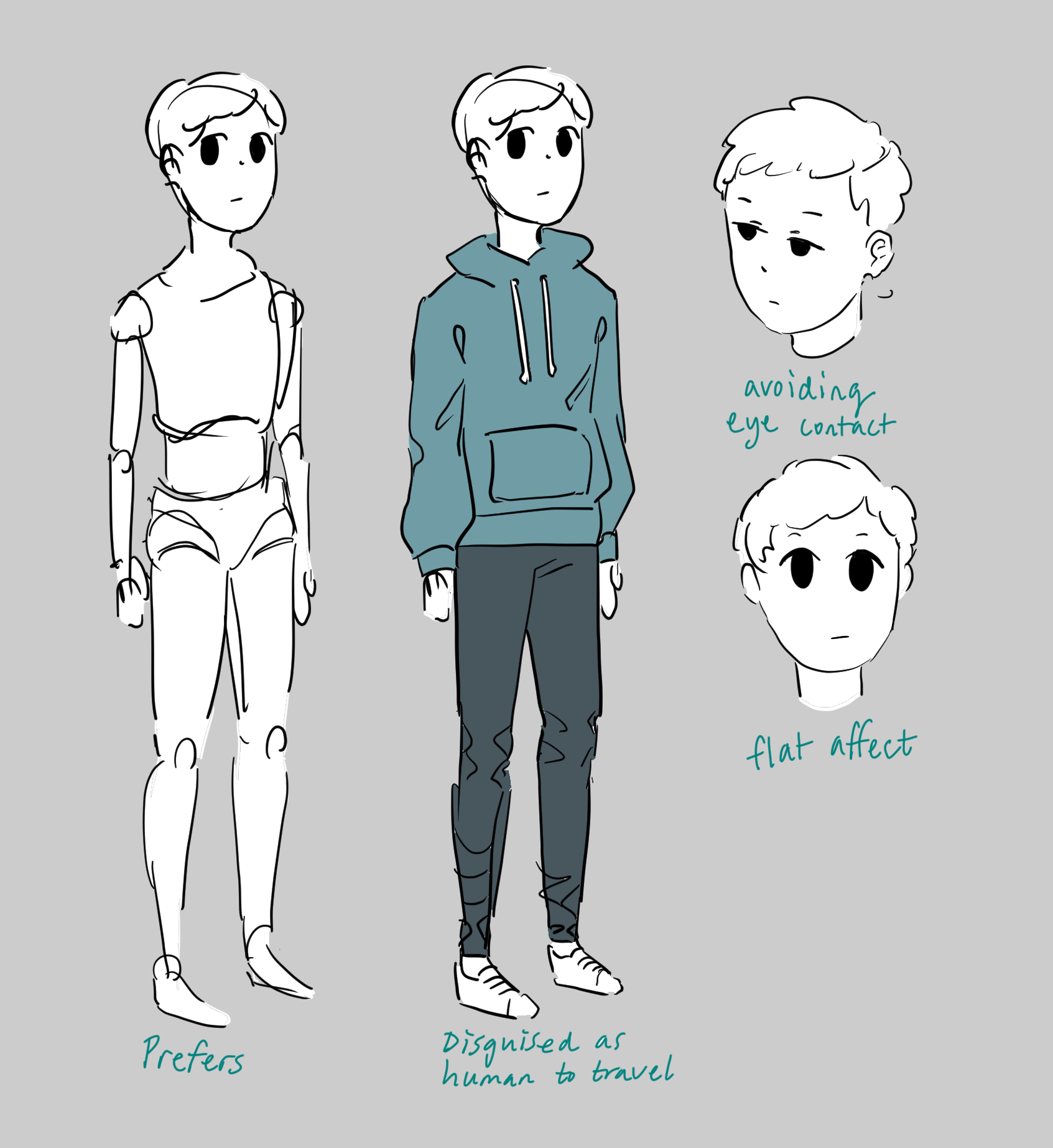 reference sheet for a rounded and childish white ball jointed robot with big eyes and flat affect, including wearing trousers and hoodie as a travel disguise