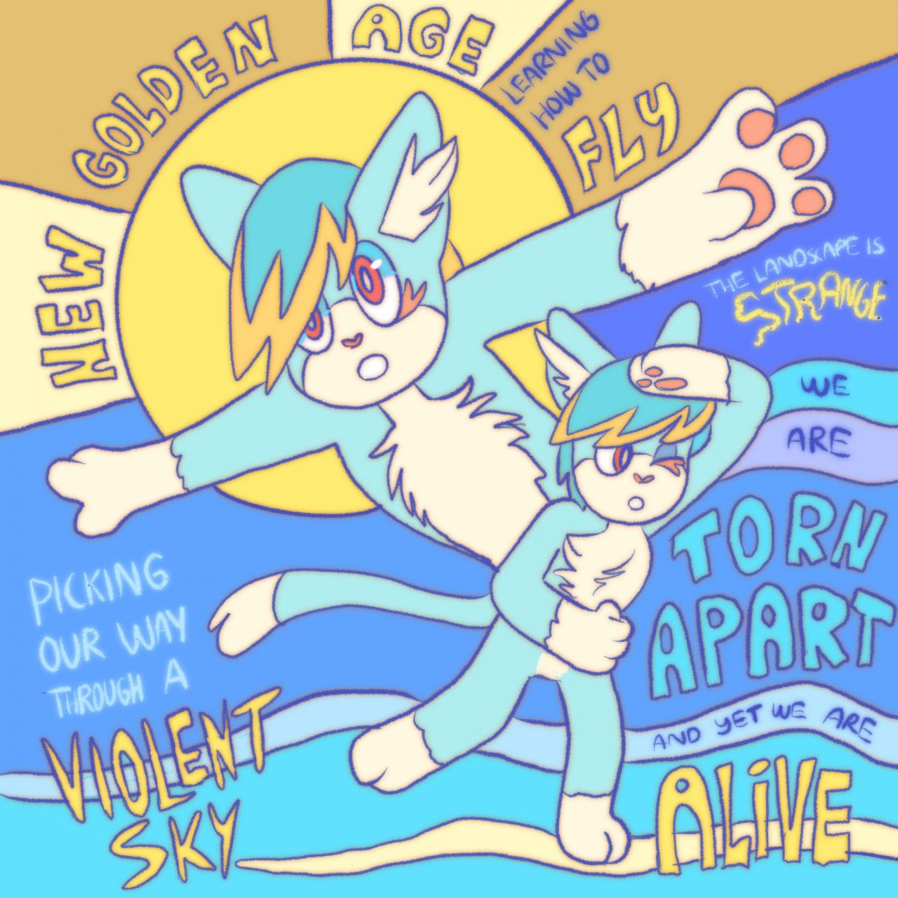 bright blue and yellow, cartoon digital art of auxil being windblown with song lyrics hand lettered in the background