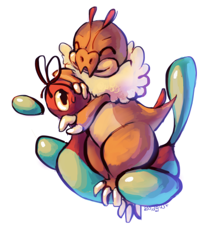 Two pokemon, a baby dinosaur smiling and sitting on a robotic duck