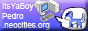 computer with speech bubble with a blue cat, text ItsYaBoyPedro.neocities.org