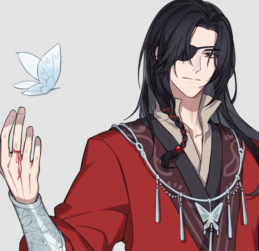 A man with red clothes, silver jewelry, and an eyepatch, with a silver butterfly