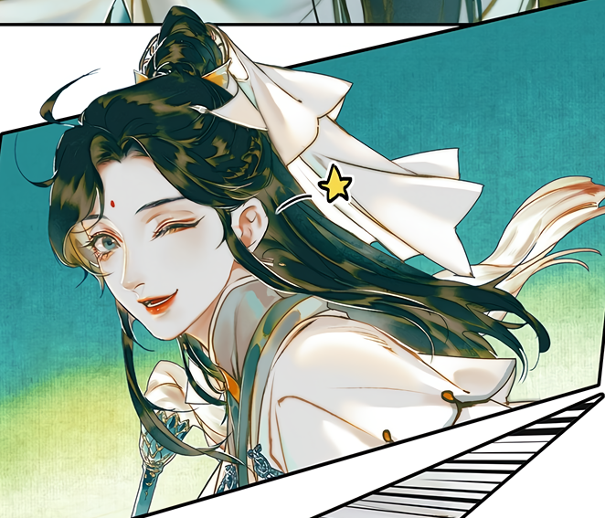 a lady in white and turquoise, winking