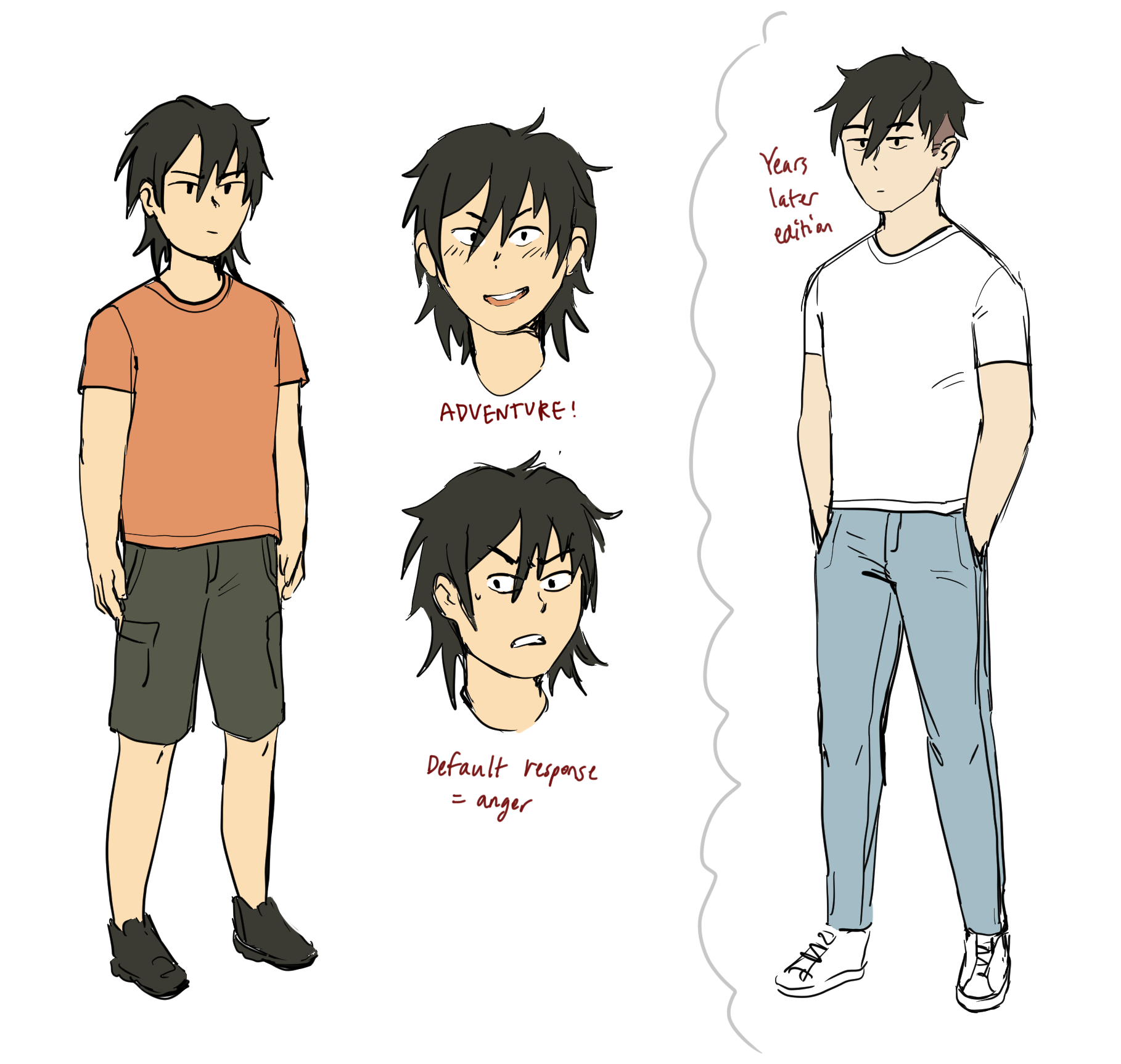 a boy with a mullet, showing excited and angry faces, as well as a jaded adult version with short hair