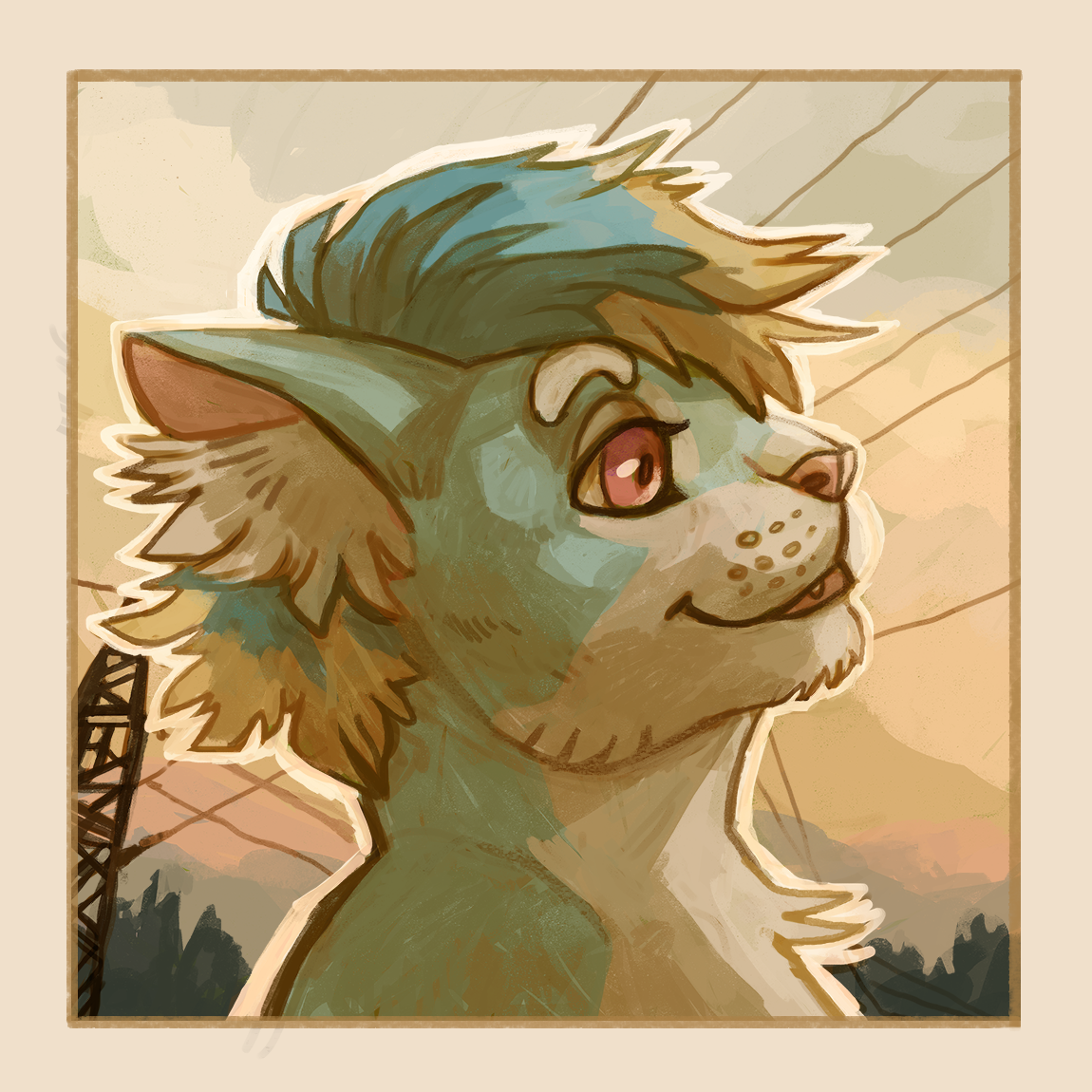 headshot art of a smiling auxil with brighter colours in front of a sunset sky and transmission tower, in a digital style with bold pencil lines, soft colours and textures