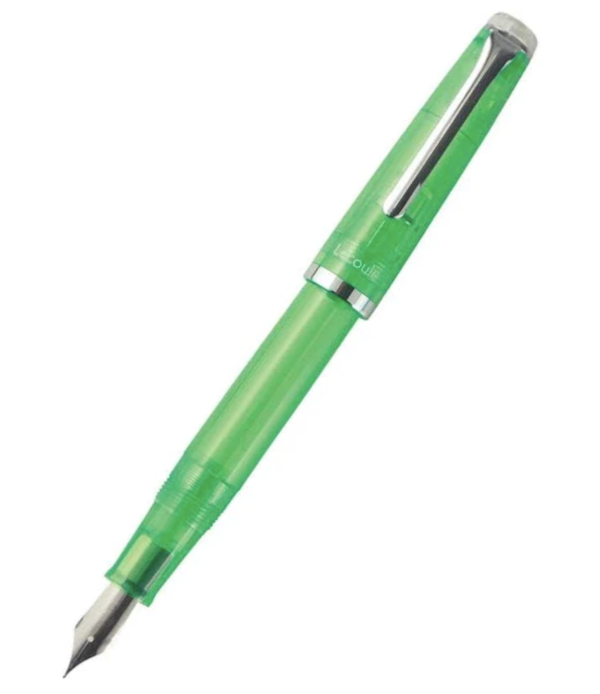 A neon green fountain pen with white ends