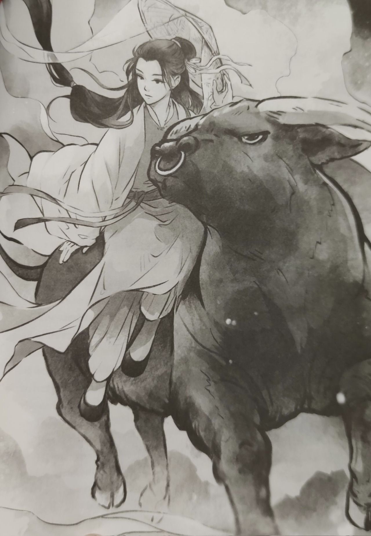 a calm lady with a farmer's hat, riding on an ox