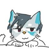 messy drawing of smiling cat resting chin on its paws, cat is pale grey with white throat and a blue patch on one cheek