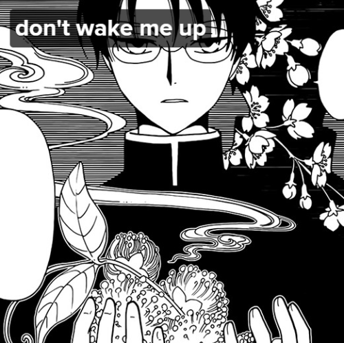 mangacap of watanuki from xxxholic cupping a sprig of flowers in his hands while smoke curls around him. his shadow is filled with cherry blossoms.